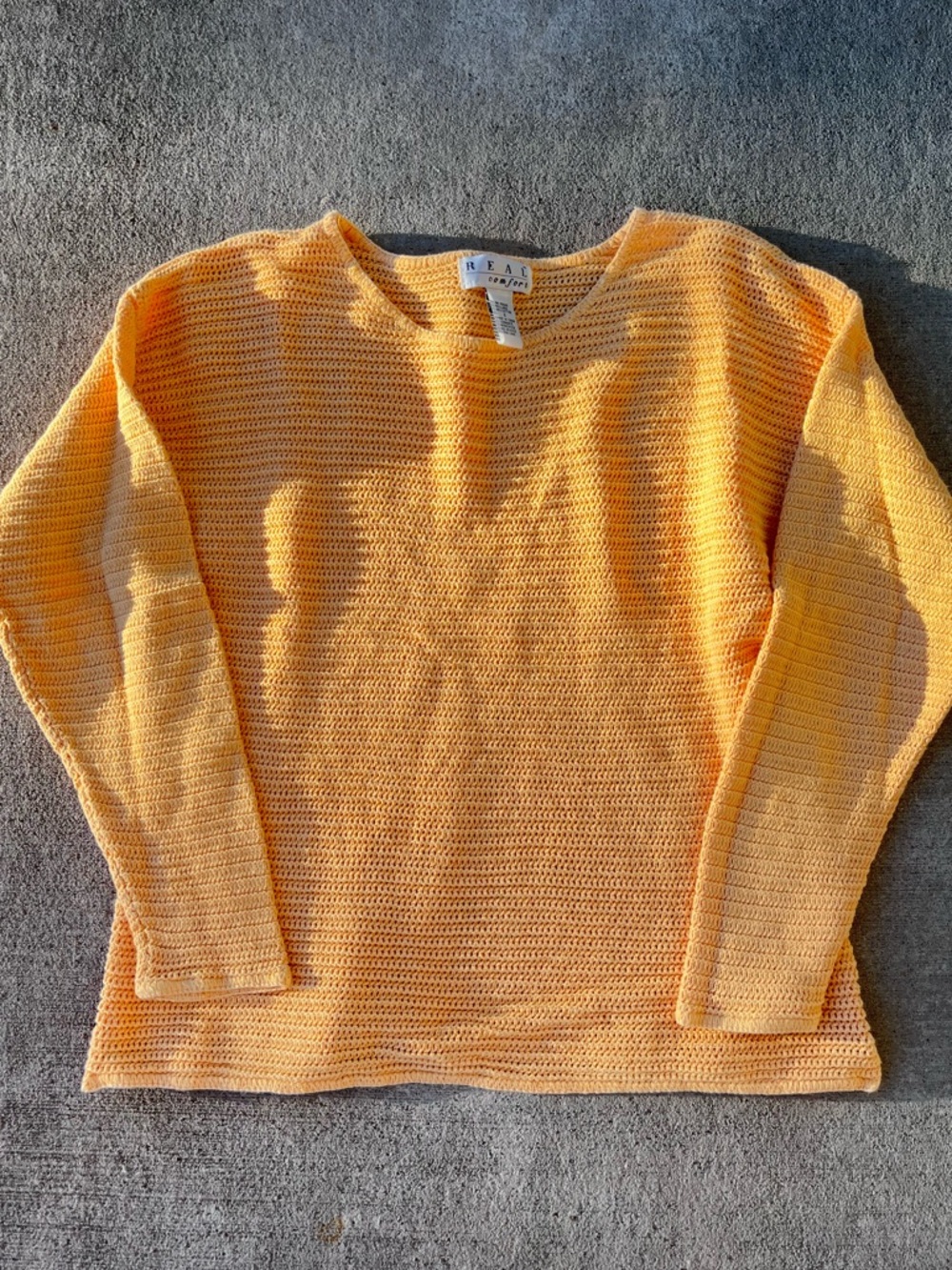Vintage 90s linen cotton crochet knit long sleeve sweater top mango orange